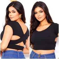 Cropped Anaruga Feminino Manga Curta Com Bojo na Frente Blusa com detalhe na costas