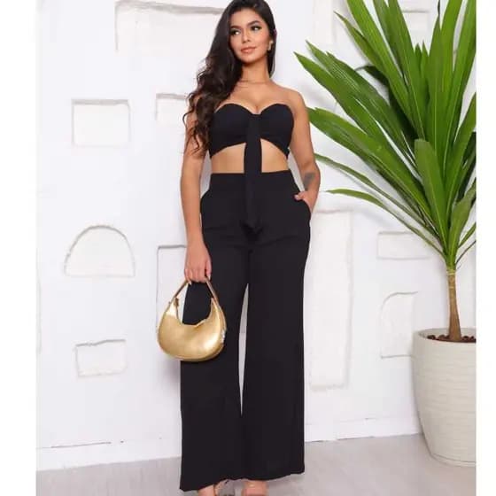 Conjunto Feminino Duna Versátil – Calça Pantalona Duna com Bolsos + Cropped com Bojo e Laço