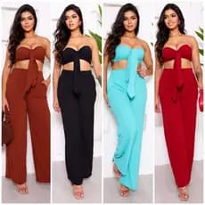 CONJUNTO TOP E PANTALONA FEMININO TECIDO DUNA COM LAÇO , BOJO ,CALÇA VARIANTE ,ELASTICO NAS COSTAS
