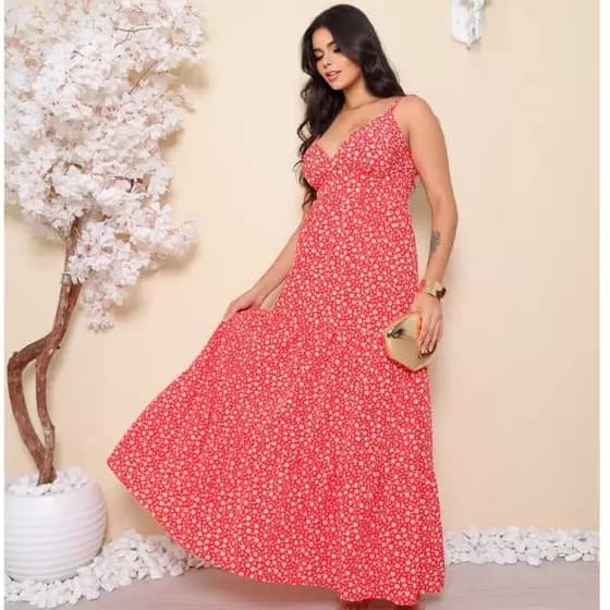 Vestido Longo Floral  Feminino Tecido Duna, Alças Finas,e Regulavel Estilo Casual, Elegante