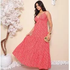 Vestido Longo Floral  Feminino Tecido Duna, Alças Finas,e Regulavel Estilo Casual, Elegante