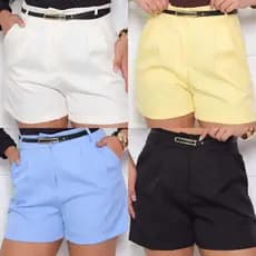 Short Alfaiateria feminino com Cinto Ajustável, Bolsos Funcionais e Tecido Leve Confortável