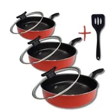 Kit 3 Frigideiras Antiaderentes com Tampa de Vidro Tamanho 18cm 20cm 24cm Cor Vermelho + Espátula