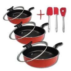 Kit 3 Frigideiras Antiaderentes com Tampa de Vidro Tamanho 18 20 24cm + 3 Espátulas Cor Vermelho
