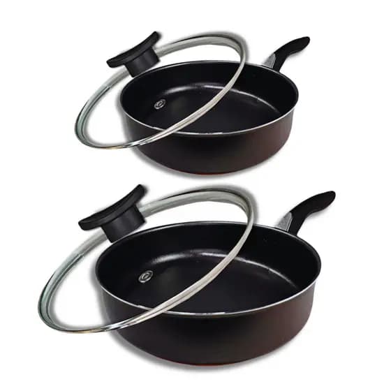 Kit 2 Frigideiras Antiaderentes Com Tampa de Vidro Tamanho 20cm e 22cm 5 Camadas de Teflon Cor Preto