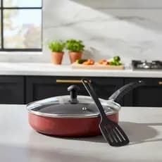 Frigideira Antiaderente Com Tampa de Vidro Alta 20cm Funda Teflon Cor Vermelho+ Espátula Nylon