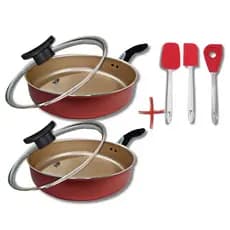 Kit 2 Frigideiras Antiaderentes Com Tampa Tamanho 18cm e 20cm Cor Cereja/Dourado + 3 Espátulas