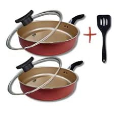 Kit 2 Frigideiras Antiaderentes Com Tampa de Vidro Tamanho 18cm e 20cm Cor Cereja + Espátula Nylon