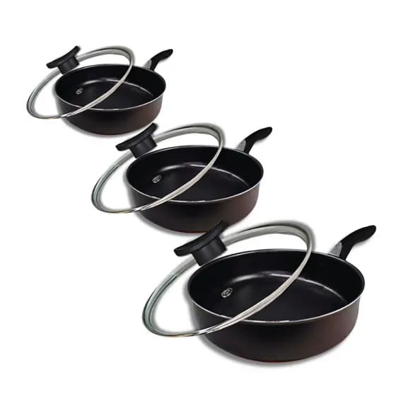 Kit 3 Frigideiras Antiaderentes com Tampa de Vidro Tamanho 18cm 20cm 24cm Cor Grafite Preto Não Gruda Fácil de Limpar