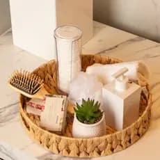 Bandeja de Fibra Natural Redonda com Alça para Decoração Organização Cozinha