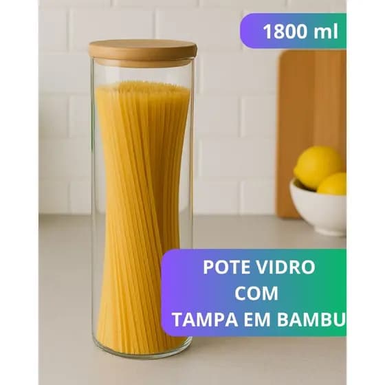 Pote de Vidro com Tampa em Bambu Mantimento Macarrão Espaguete