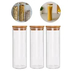 Kit 3 Potes de Vidro e Tampa em Bambu para Macarrão Espaguete Mantimentos