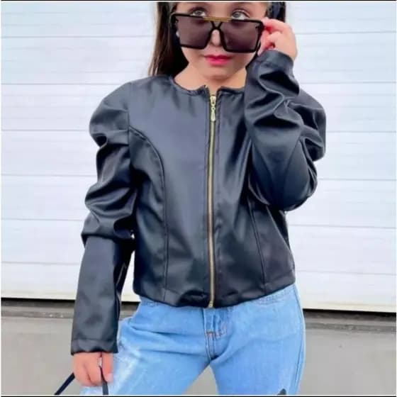 Jaqueta Infantil Menina Manga Bufante Preta Couro Sintético Com Ziper Jaquetinha Blusa Juvenil