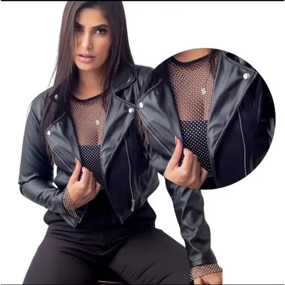 Jaqueta Couro Ecológico Feminina Jaqueta  Bolso Lateral Fake