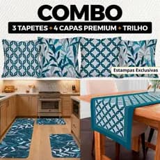 COMBO IMPERDÍVEL 20: KIT COM 4 CAPAS PARA ALMOFADA + KIT COM 3 TAPETES PARA COZINHA + TRILHO DE MESA