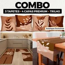 COMBO IMPERDÍVEL 17: KIT COM 4 CAPAS PARA ALMOFADA + KIT COM 3 TAPETES PARA COZINHA + TRILHO DE MESA