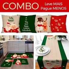 COMBO NATALINO: KIT 04 CAPAS PARA ALMOFADAS PAPAI NOEL + KIT 3 TAPETES PARA COZINHA FELIZ NATAL + TRILHO PARA MESA NATAL
