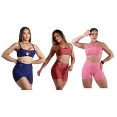KIT 3 Conjuntos Fitness Feminino Top e Short Suplex Zero Transparência Cintura Alta