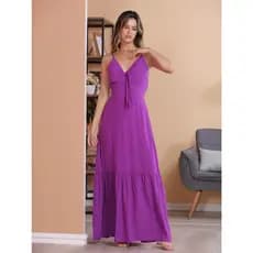 Vestido longo liso de  linho alça com bojo