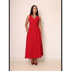Vestido midi elegante, liso, sem mangas, com decote em V e bainha larga para uso casual