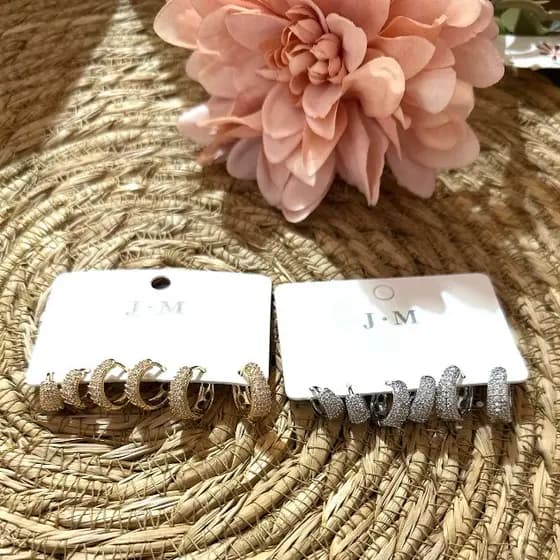 Kit 3 pares Argola Folheadas Brinco Trio Argola com Fileiras de Zircônias Cravejada