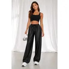 Calça feminina  Couro Fake  pantalona de Perna Larga, Minimalista e da Moda para Uso Casual Diário