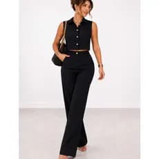 Conjunto Alfaiataria Feminino Clássico Calça Pantalona + Colete Sem Mangas Elegante
