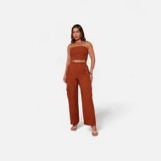 Conjunto Feminino  Cargo  Alfataria linho com Gropet  Sem Alça Moda Tendência