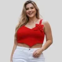 Cropped Feminino Plus Size  44 a 48 Canelado Com Flor 3D Alça Larga e Grossa Com Bojo Look Gringa