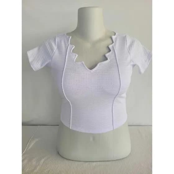Blusa Cropped Plus Size Feminino Decote Em V Zigue-zague Com Manga Curta Básica Conforto