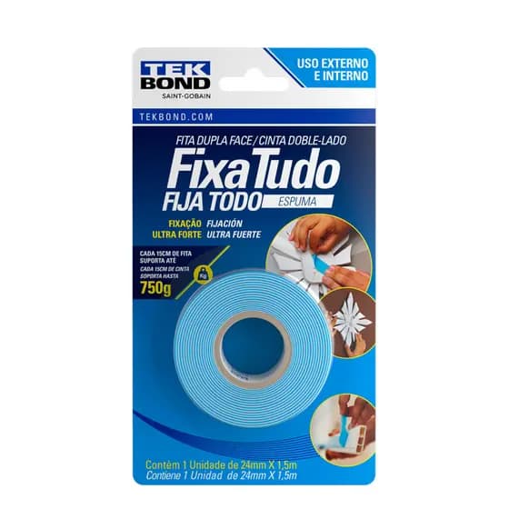 Fita Dupla Face Espuma Fixa Tudo Tekbond 24mm x 1,5m Blister Ultra forte Multiuso