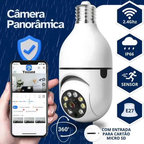 Câmera Lâmpada Smart Inteligente Aplicativo Yoosee Instalação Interna Camara Espiã Giratória 360 Hd