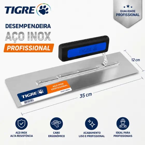 Desempenadeira Aço Inox Cabo Aberto Tigre 35cm Acabamento Profissional Massa Corrida