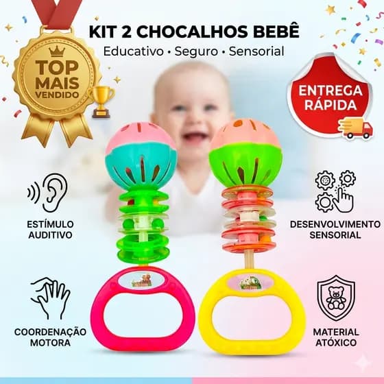Kit 2 Chocalhos Bebê Coloridos Educativo Sensorial Estimula Coordenação Motora Desenvolvimento Infantil Primeiros Meses