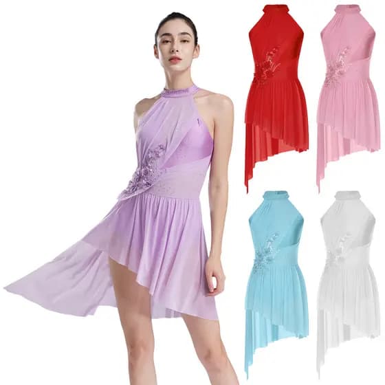 MSemis Vestido Feminino De Dança Lírica Com Apliques , Halter , Tiras Nas Costas , Bainha Assimétrica , Strass Brilhante
