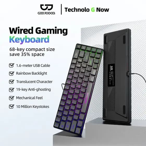 Teclado com fio Goojodoq de 68 teclas com design ergonômico e iluminação RGB compatível com diversos sistemas.