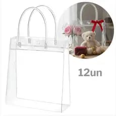 Kit 6/12 Sacolinhas de Plástico PVC Transparente Multiuso Com Alça Cristal Para Lembrancinhas e Presente