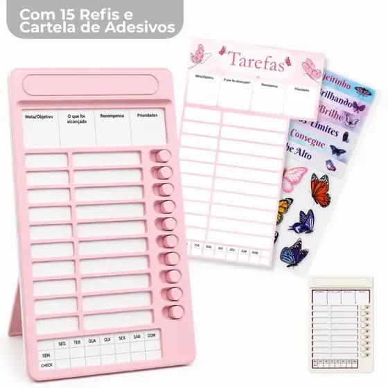 Planner de Rotina Semanal Reutilizável Com Checklist Manual Refil e Adesivos