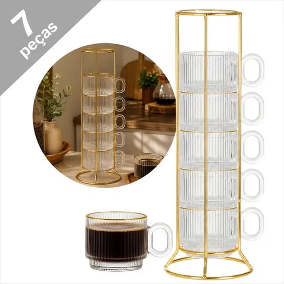 Jogo com 6 Xícaras para Café 90ml Graffiato em Cristal com Suporte Vertical Dourado