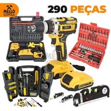 Kit Completo 290 Peças Maleta Profissional Mello Tools + Furadeira Parafusadeira Sem Fio 21V com 2 Baterias,Trena Lazer