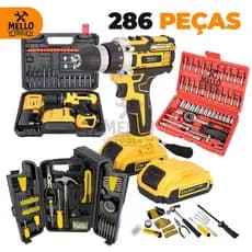 Kit Jogo Ferramentas 286 Peças com Parafusadeira/Furadeira 21V Sem Fio + Jogo de Soquete e Maleta Completa Profissional
