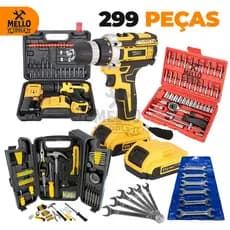Kit Jogo Ferramentas 299 Peças com Parafusadeira/Furadeira 21V Sem Fio + Jogo de Soquete e Jogo de chave Fixa