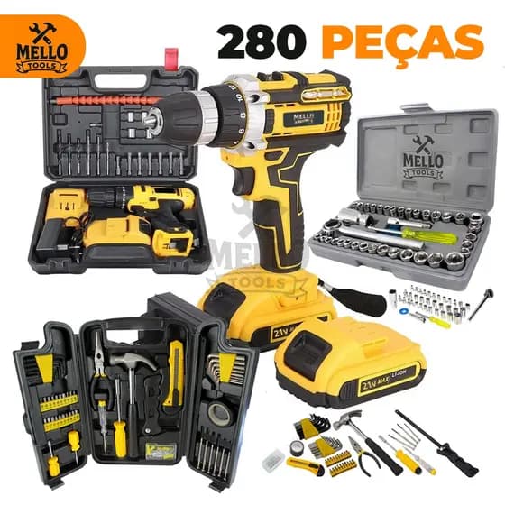Kit Jogo Parafusadeira Furadeira 21V Sem Fio + Kit Ferramentas 280 Peças Completo com MaletaJogo de Soquete Profissional
