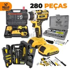 Kit Jogo Parafusadeira Furadeira 21V Sem Fio + Kit Ferramentas 280 Peças Completo com MaletaJogo de Soquete Profissional