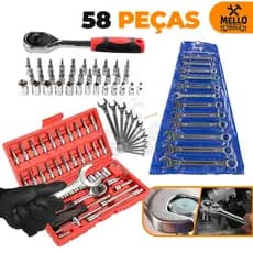 Jogo Kit Ferramentas 58 Peças Completo com Soquetes, Catraca, Bits e Chaves Combinadas – Jogo Kit Profissional