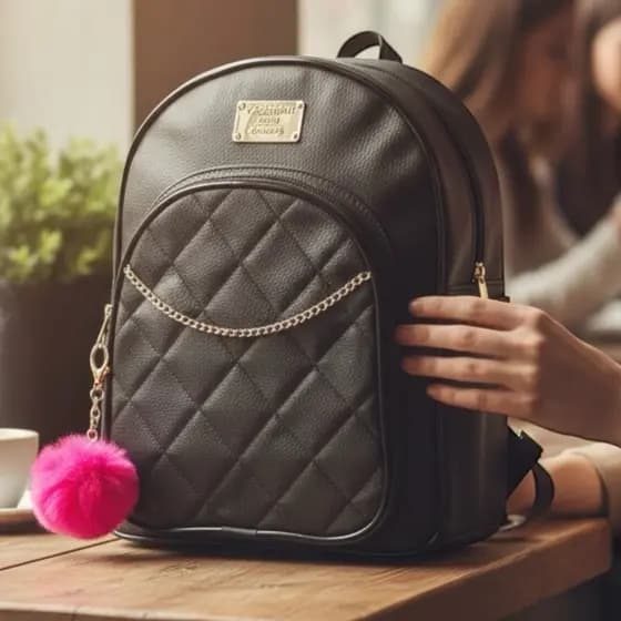Mochila Feminina de Luxo Couro Sintético Reforçada - Escolar, Passeio e Trabalho + Chaveiro Pompom