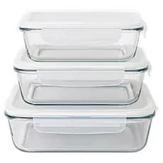 kit 3 Potes de vidro Marmita Retangular Refratário com Tampa Hermética 4 Travas Forno Airfray Micro-ondas Freezer