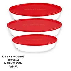 Kit 3 Assadeiras Travessa Lasanheira de Vidro Refratario com Tampa Oval Nadir Marinex Forno Airfray Micro-ondas