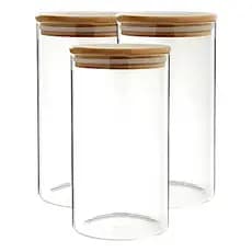 Kit 3 Potes De Vidro Porta Condimentos Com Tampa Hermética De Bambu 1 Litro