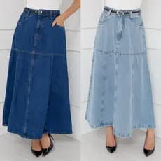 WL Moda Saia Jeans longo Com Cinto Feminina Ligeiramente Dobrada Tecido Grosso